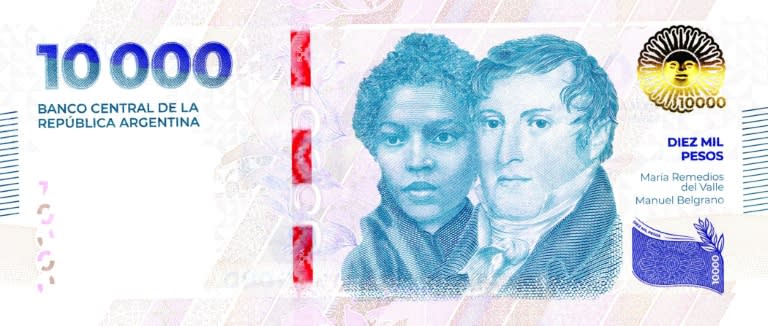 El nuevo billete de 10.000 pesos, en una imagen difundida por el Banco Central de Argentina el 7 de mayo de 2024 en Buenos Aires (Handout)