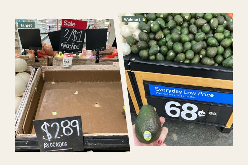 comparison of avocados at Target vs Walmart