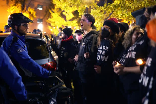 Members of U.S. Capitol Police forcefully removed protesters from the entrance to the Democratic National Committee headquarters on Wednesday night. The protest was organized by IfNotNow, Jewish Voices for Peace Action and Democratic Socialists of America to call for a ceasefire in Gaza. 