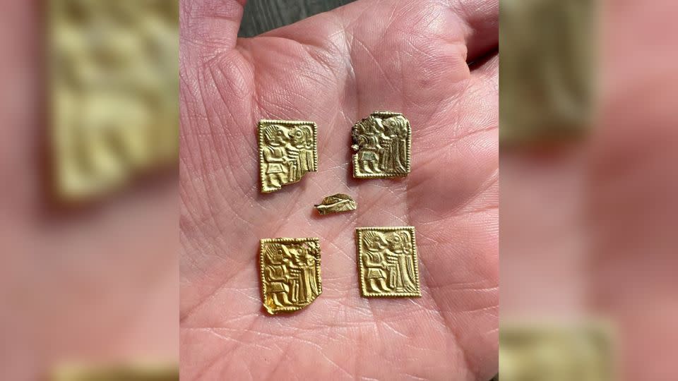 The five latest pieces uncovered were buried under the temple's walls and within post holes of the structure, leading researchers to believe the gold figures were placed there intentionally. - Nicolai Eckhoff/Kulturhistorisk Museum, Oslo