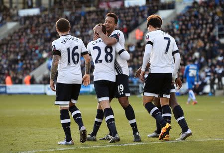 Football Soccer - Colchester United v Tottenham Hotspur - FA Cup Fourth Round - Weston Homes Community Stadium - 30/1/16 Tottenham's Tom Carroll celebrates with teammates after scoring their fourth goal Reuters / Dylan Martinez Livepic