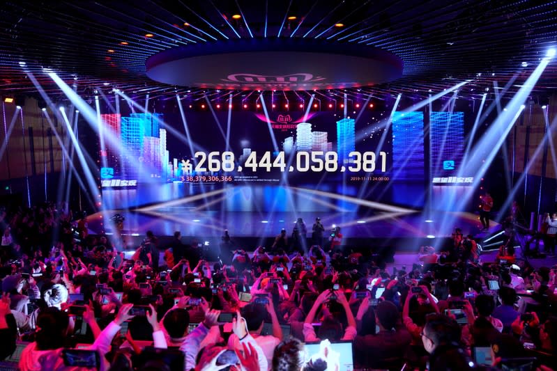 Screen shows the value of goods being transacted during Alibaba Group's Singles' Day global shopping festival at the company's headquarters in Hangzhou