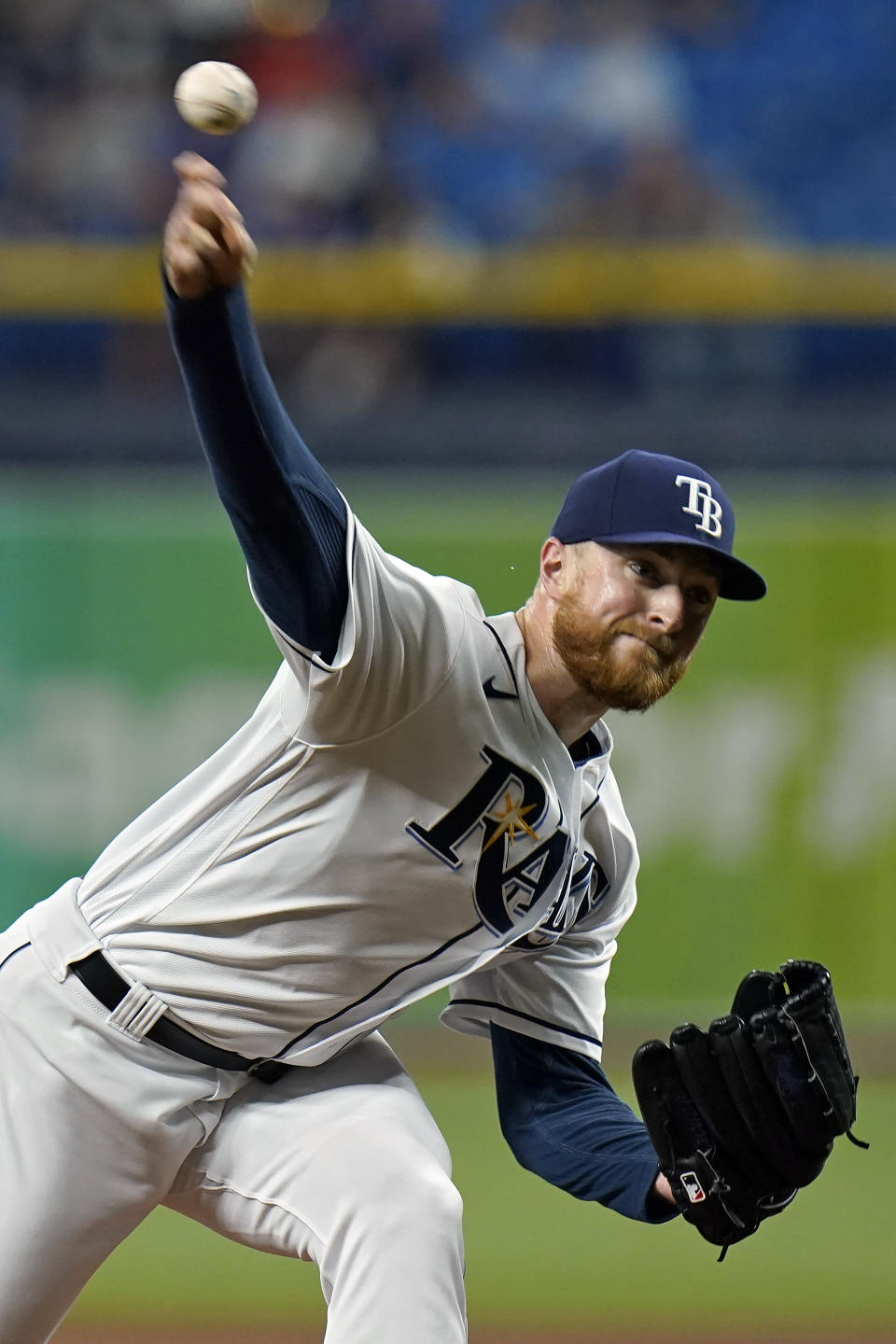 Tampa Bay Rays' Drew Rasmussen pitches to the Toronto Blue Jays during the first inning of a baseball game Tuesday, Sept. 21, 2021, in St. Petersburg, Fla. (AP Photo/Chris O'Meara)