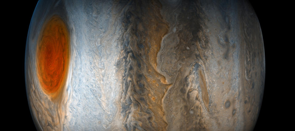 <p>Jupiter’s Great Red Spot fades from view while the dynamic bands of the southern region of Jupiter come into focus, in this image taken July 10, 2017 from the JunoCam imager on NASA’s Juno spacecraft. North is to the left of the image, and south is on the right. (Photo: NASA/JPL-Caltech/SwRI/MSSS/Gerald Eichstadt/Sean Doran/Handout via Reuters) </p>