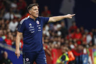 Chile's coach Eduardo Berizzo gives instruction inside the box team area during an international friendly soccer match between Morocco and Chile at the Cornella-El Prat stadium in Barcelona, Spain, Friday, Sept. 23, 2022. (AP Photo/Joan Monfort)