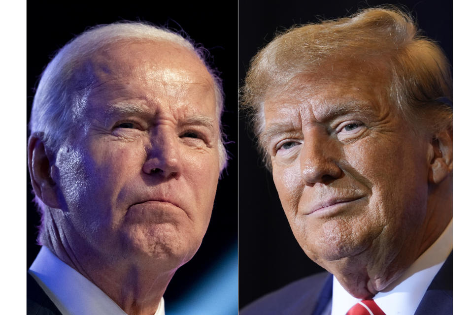 FILE - This combo image shows President Joe Biden, left, Jan. 5, 2024 and Republican presidential candidate former President Donald Trump, right, Jan. 19, 2024. (AP Photo, File)