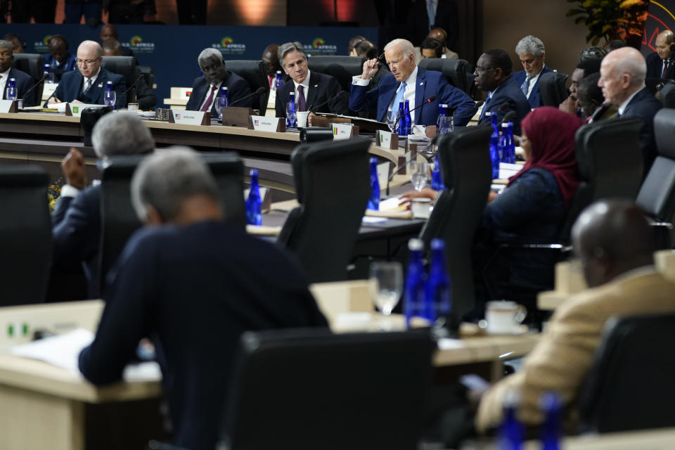 President Joe Biden participates in the U.S.-Africa Summit Leaders Session on partnering on the African Union's Agenda 2063, Thursday, Dec. 15, 2022, in Washington. (AP Photo/Patrick Semansky)