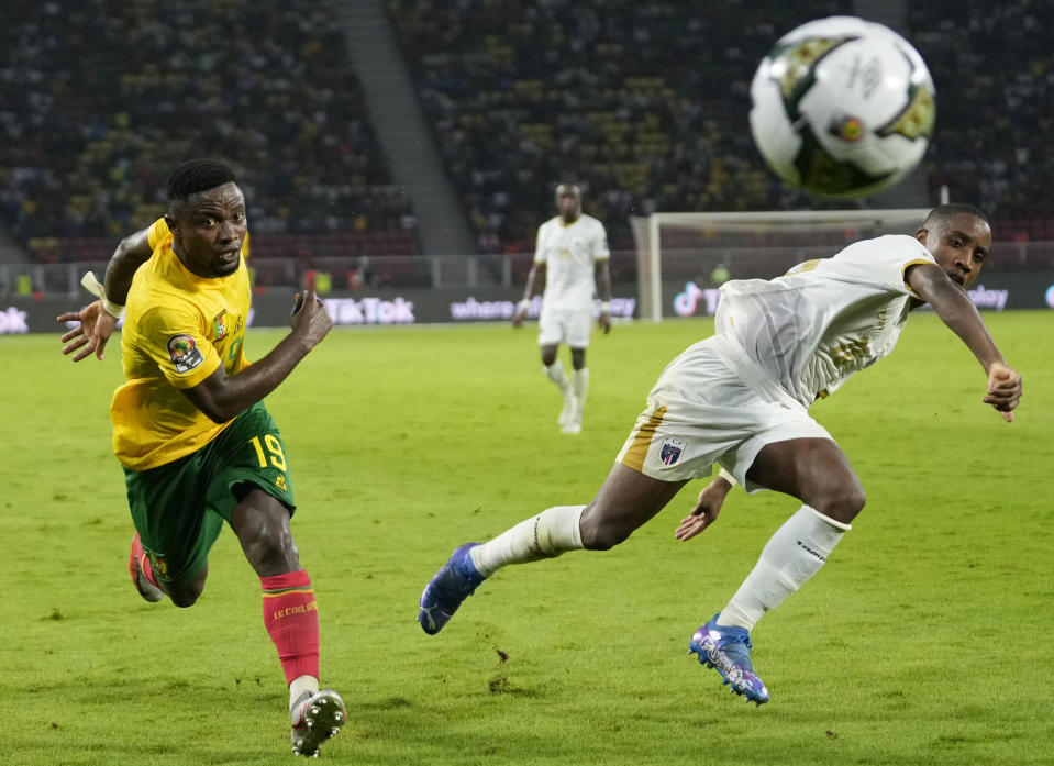 Cape Verde's Dylan Tavares, right, defends against Cameroon's Collins Fai, during the African Cup of Nations 2022 group A soccer match between Cape Verde and Cameron at the Olembe stadium in Yaounde, Cameroon, Monday, Jan. 17, 2022. (AP Photo/Themba Hadebe)