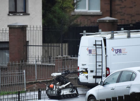 An army bomb disposal robot inspects a suspected vehicle at the scene of a security alert in Londonderry, Northern Ireland, January 21, 2019. REUTERS/Clodagh Kilcoyne