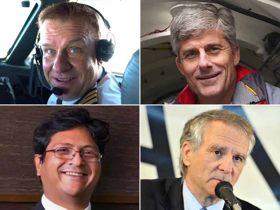 Four of the missing men aboard the Titan. Clockwise from top left: Hamish Harding, Stockton Rush, Paul-Henri Nargeolet and Shahzada Dawood (Reuters/Getty/WEF/OceanGate)