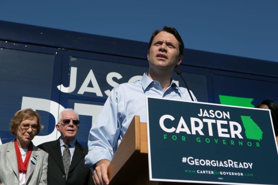 Jason Carter speaks at a campaign event