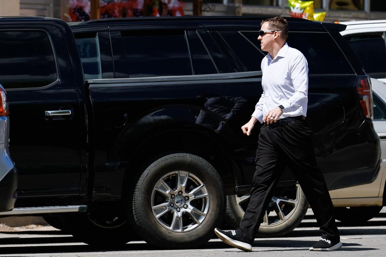 Cody Barlow, the former principal of Wewoka Middle School, walks away from the Seminole County Courthouse in April 2023.