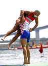 <p>Martin Sinkovic and Valent Sinkovic of Team Croatia celebrate winning the gold medal during the Men's Pair Final A on day six of the Tokyo 2020 Olympic Games at Sea Forest Waterway on July 29, 2021 in Tokyo, Japan. (Photo by Maja Hitij/Getty Images)</p> 