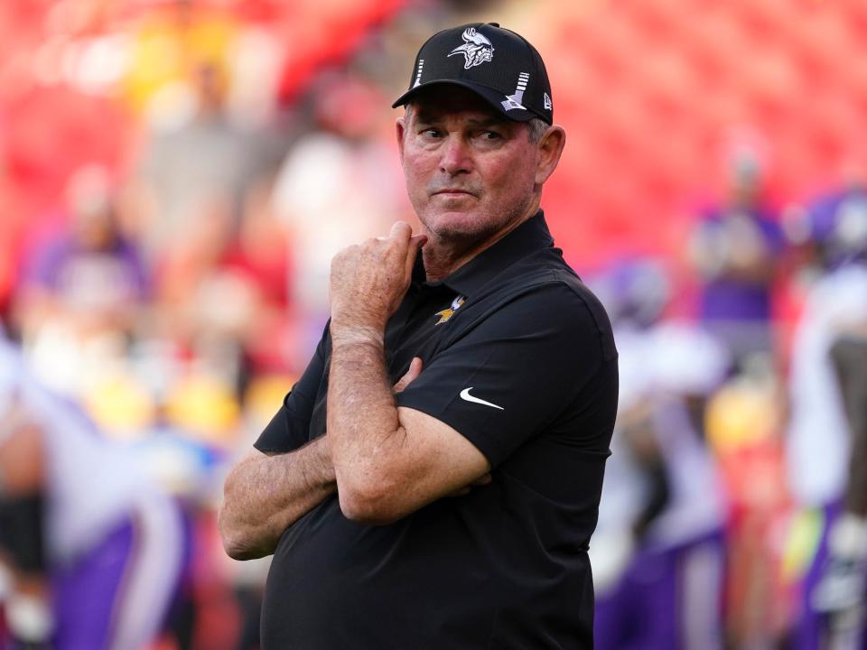 Mike Zimmer stands on the sidelines during a Vikings preseason game in 2021.