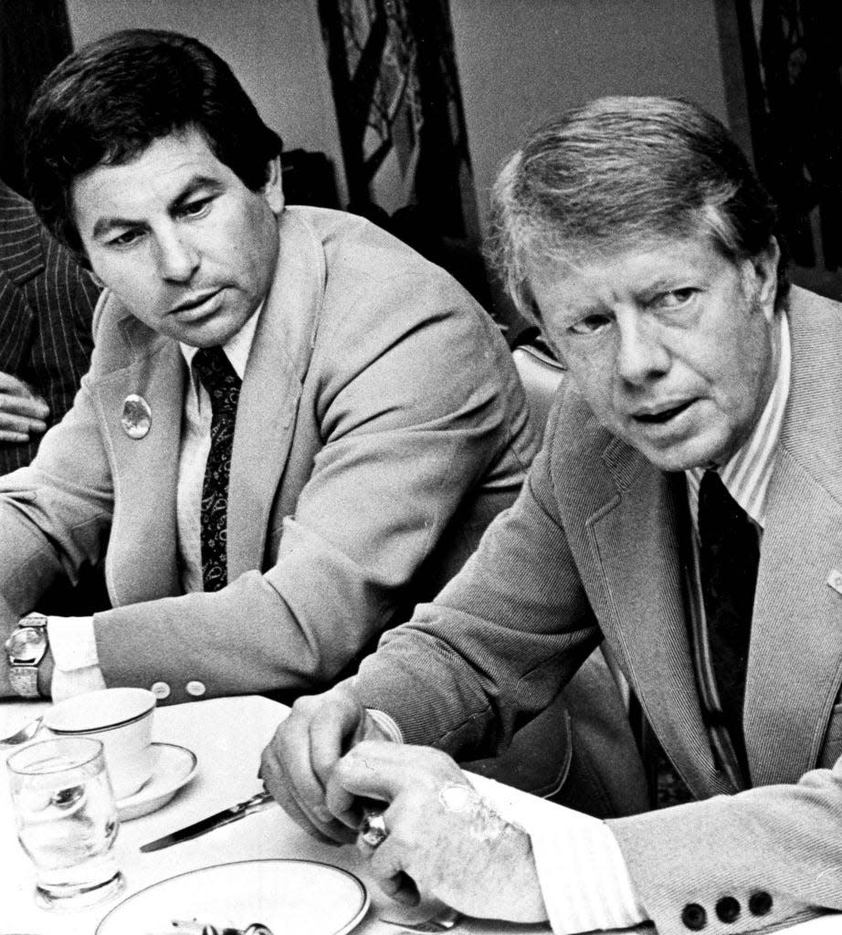 Georgia Gov. Jimmy Carter, right, visits Albuquerque, N.M., to boost the campaign of Democratic gubernatorial candidate Jerry Apodaca on Sept. 20, 1974. Apodaca, a Democrat who became New Mexico's first Hispanic governor in 54 years when he took office in 1975, died at his home in Santa Fe on Wednesday, April 26, 2023, after what may have been a stroke, his son Jeff Apodaca said. He was 88.