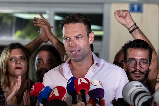 Stefanos Kasselakis, leader of main opposition party Syriza, speaks to supporters outside the party's headquarters in Athens, on Sept. 25, 2023.