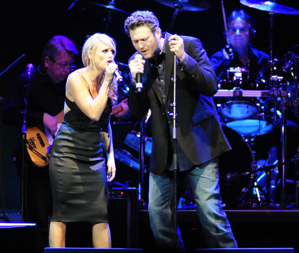 Miranda Lambert and Blake Shelton perform at the tribute concert for the late George Jones, Friday, Nov. 22, 2013, in Nashville, Tenn. Jones had originally scheduled his final show for Friday. He died April 26. (AP Photo/Mike Strasinger)