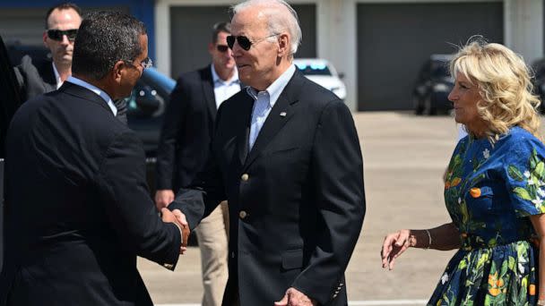 PHOTO: President Joe Biden and] First Lady Jill Biden are greeted by Governor of Puerto Rico Pedro Pierluisi upon arrival at Mercedita International Airport in the aftermath of Hurricane Fiona, in Ponce, Puerto Rico, Oct. 3, 2022. (Saul Loeb/AFP via Getty Images)