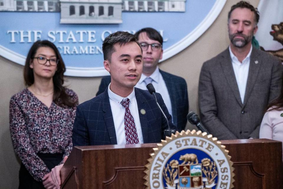 Assemblyman Alex Lee, D-San Jose, speaks at a press conference Monday, Jan. 23, 2023 to discuss AB 259 and ACA 3, which would tax extreme wealth in California. Gov. Gavin Newsom during his budget presentation railed against the idea of implementing such a tax.