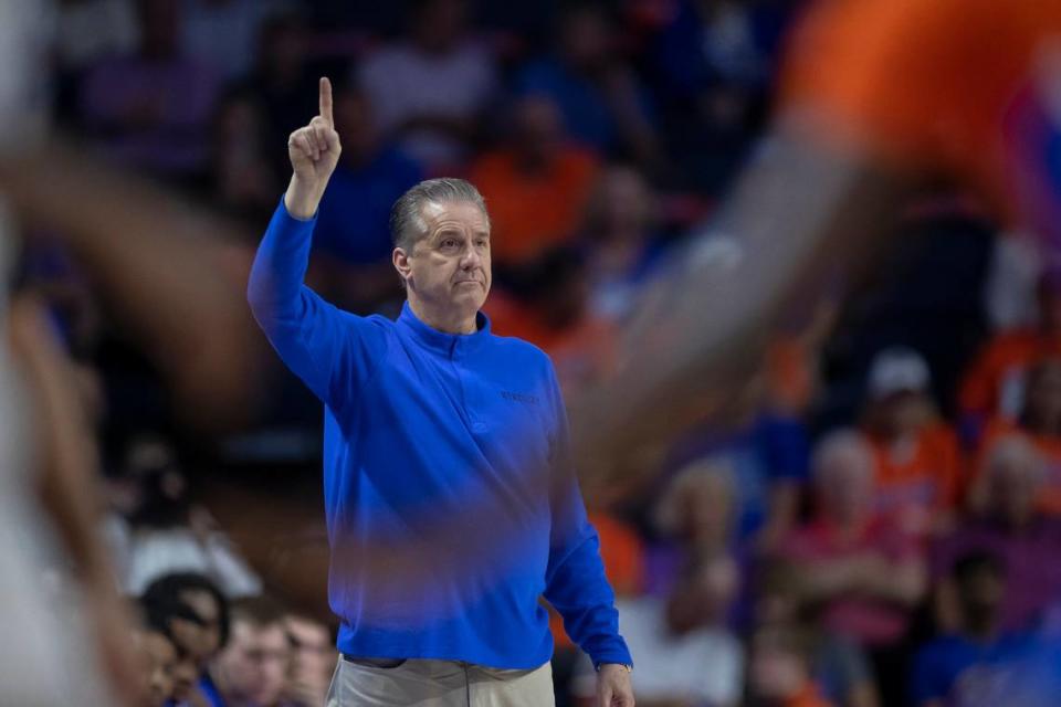 Kentucky head coach John Calipari calls a play during a game against Florida in Gainesville on Feb. 22. The Wildcats are still without a commitment from the 2024 class.