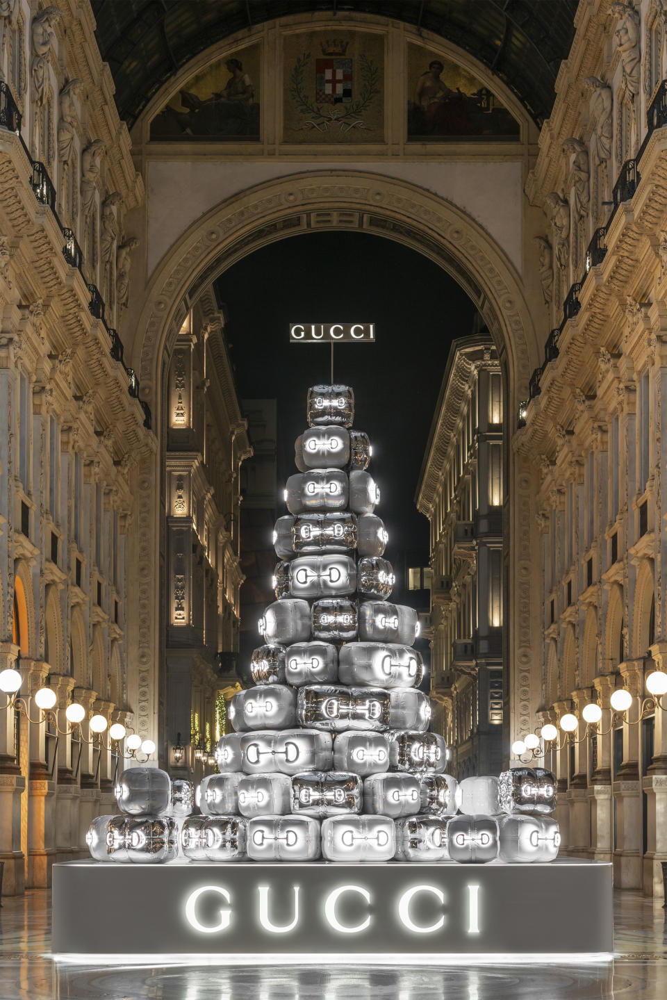 The Gucci Christmas Tree inside Galleria Vittorio Emanuele II in Milan.
