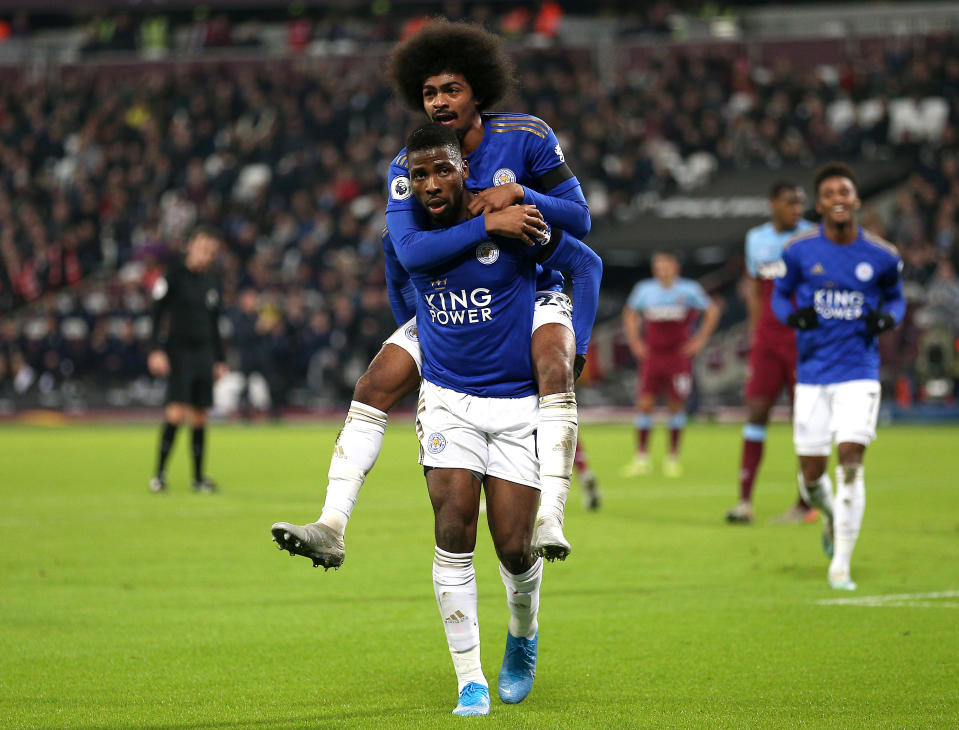 Leicester City's Kelechi Iheanacho (centre) celebrates scoring his side's first goal of the game with team-mates West Ham United v Leicester City - Premier League - London Stadium 28-12-2019 . (Photo by  Nigel French/EMPICS/PA Images via Getty Images)