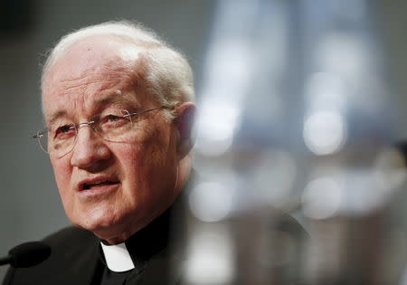 Cardinal Marc Ouellet talks during a news conference to announce the canonisation of Fray Junipero Serra at the Vatican April 20, 2015. The canonization will be lead by Pope Francis during his pastoral visit to U.S. in September 2015. REUTERS/Tony Gentile