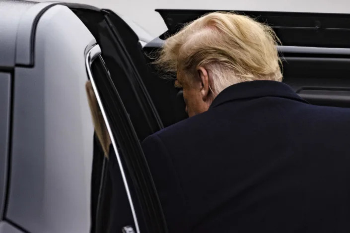 President Donald Trump arrives at the airport in New Windsor, N.Y., headed to the Army-Navy game, on Dec. 12, 2020. (Samuel Corum/The New York Times)