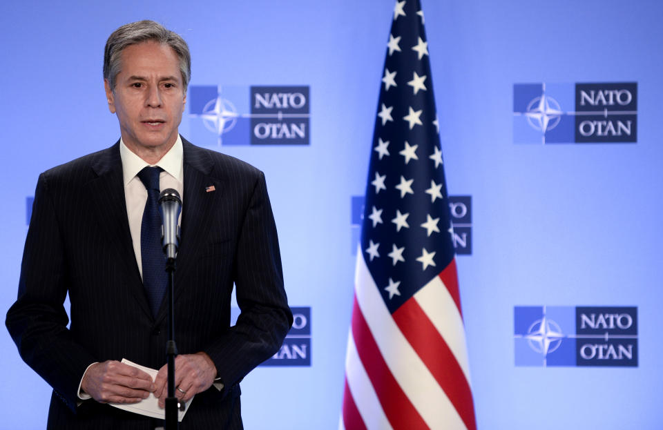 United States Secretary of State Antony Blinken speaks during a media conference at NATO headquarters in Brussels, Wednesday, April 14, 2021. United States Secretary of State Antony Blinken is in Brussels on Wednesday for talks with European and NATO allies about Afghanistan, Ukraine and other matters. (Johanna Geron, Pool via AP)