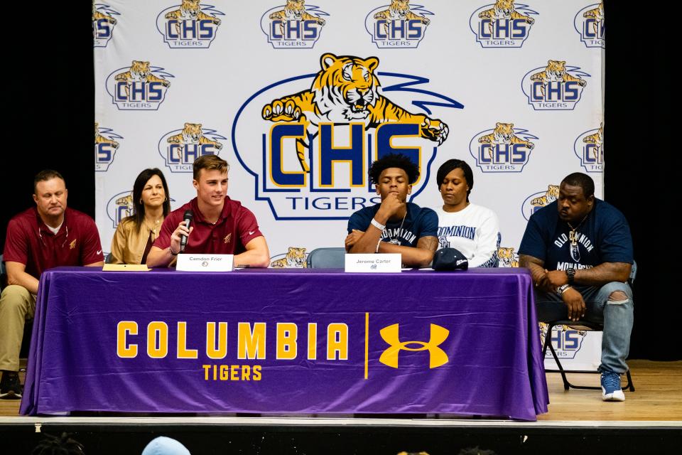 Camden Frier address the audience along with Jerome Carter during a signing ceremony at Columbia High School in Lake City, FL on Wednesday, December 20, 2023. [Chris Watkins/Gainesville Sun]