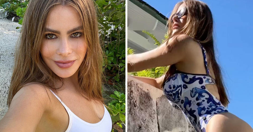 L: Modern Family star Sofia Vergara takes a selfie in a white swimsuit. R: Sofia Vergara poses against a rock wall in a white bustier swimsuit with blue patterns