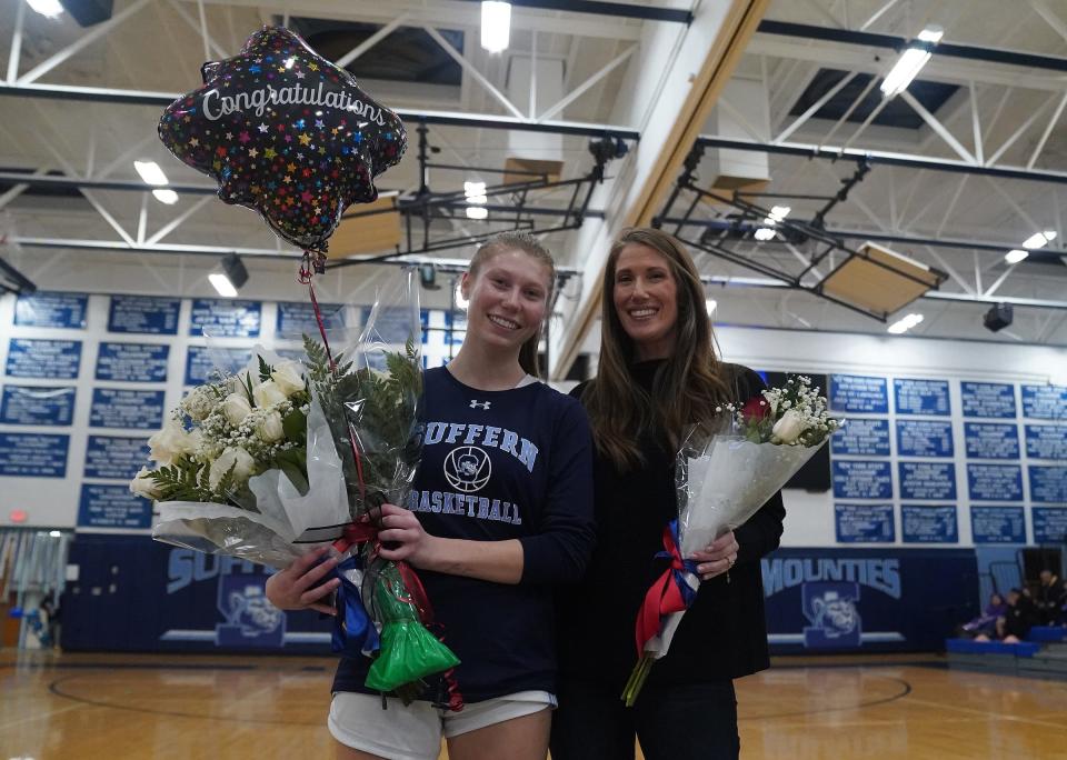 Suffern's Ava Letizia, left, with her mother Alexis Fibble celebrate senior night at Suffern High School prior to their game against North Rockland on Thursday, Jan. 11, 2024. Alexis Fibble is also the No. Rockland assistant coach. 
No. Rockland won 53-47.