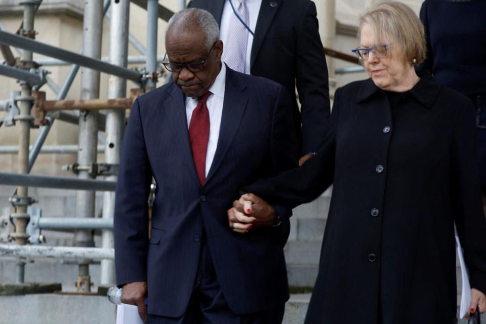 House Democrats have urged Supreme Court Justice Clarence Thomas, left, to recuse himself from a case involving Donald Trump’s ballot eligiblity, citing his wife, Ginni Thomas, right, who promoted false election claims. (REUTERS)