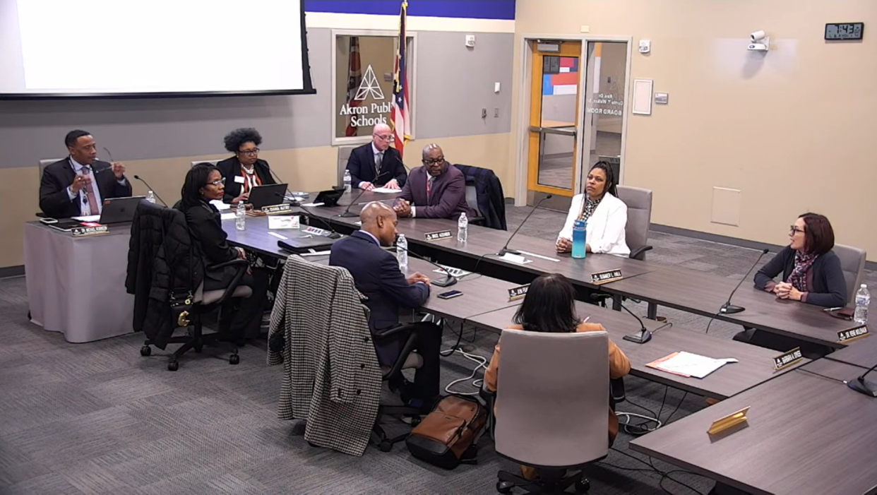 Akron Board of Education member Rene Molenaur expresses her disapproval of an impending vote at the regular Jan. 8 meeting. Recorded on YouTube, the video abruptly cuts her off twice in mid-sentence, removing roughly 40 seconds from the recording.