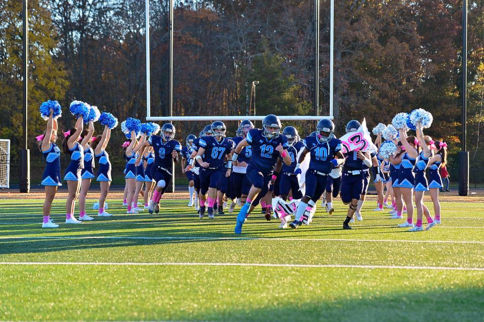 Bristol-Plymouth players take to the field ahead of the 2023 Homecoming game against Southeastern.