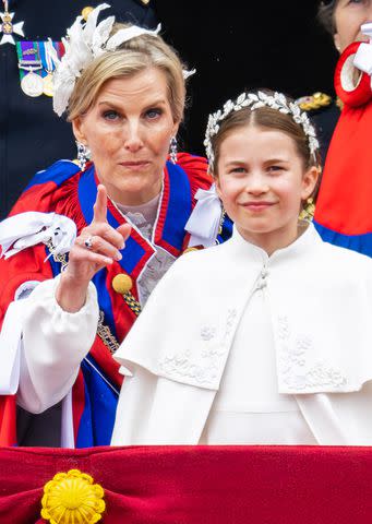 <p>Samir Hussein/WireImage</p> Sophie, Duchess of Edinburgh and Princess Charlotte on the Buckingham Palace balcony at the May 6 coronation.