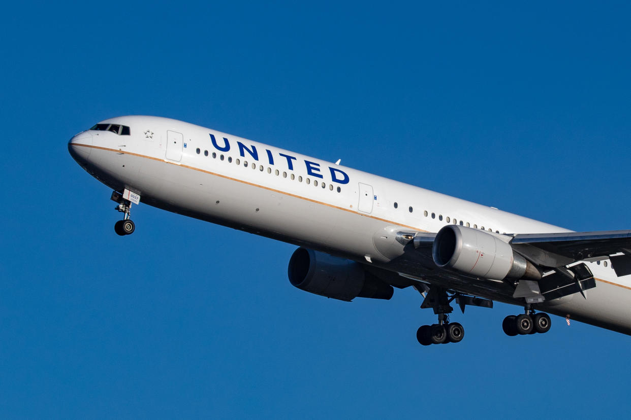 United Airlines Boeing 767-400 ER Extended Range with 2x CF6-80 engines aircraft landing at Amsterdam Schiphol International Airport AMS EHAM in The Netherlands, the Dutch capital. The airplane has registration N66057 and its type is exactly Boeing 767-424(ER) . UAL / UA  is a major American airline headquartered in Chicago, Illinois connects Amsterdam with ChicagoO'Hare, Houston Intercontinental, Newark, Washington Dulles and seasonal to San Francisco (Photo by Nicolas Economou/NurPhoto via Getty Images)