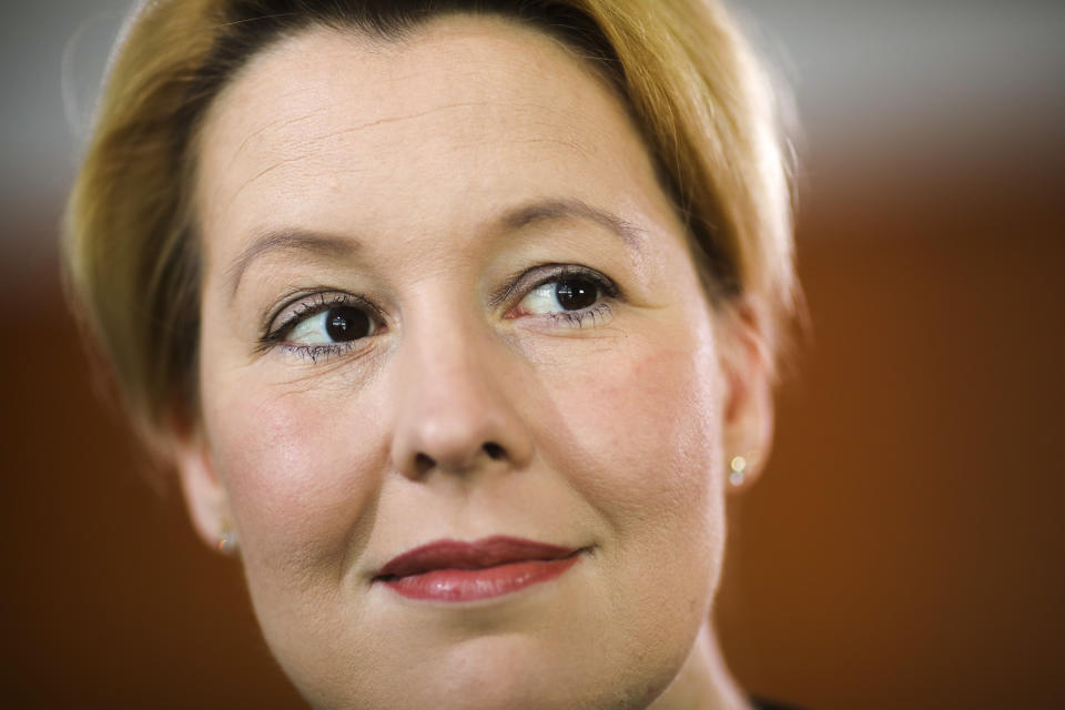 File - In this Wednesday, July 10, 2019 file photo, German Minister for Family Affairs, Senior Citizens, Women and Youth, Franziska Giffey arrives for the weekly cabinet meeting of the German government at the chancellery in Berlin, Germany. Franziska Giffey announces her resignation as a federal minister on Wednesday, May 19, 2021, as a long-running controversy over allegations of plagiarism in her doctoral thesis nears its conclusion. (AP Photo/Markus Schreiber, file)