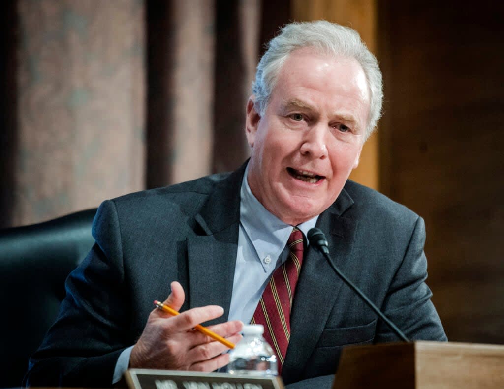 FILE – Sen. Chris Van Hollen, D-Md., speaks during a Senate Banking, Housing and Urban Affairs Committee hearing on Tuesday, Feb. 15, 2022, in Washington. Van Hollen is seeking his second term in the Senate. He first won election to the chamber in 2016, replacing retiring Sen. Barbara Mikulski, who was then the longest-serving woman in congressional history. (Bill O’Leary/The Washington Post via AP, Pool)