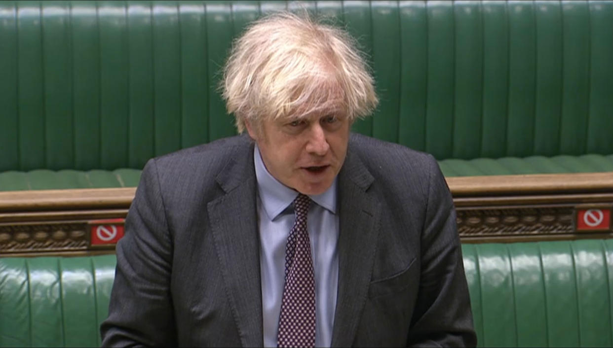 Prime Minister Boris Johnson giving his speech to Parliament, in in the House of Commons, London, about setting out the road map for easing coronavirus restrictions across England. Picture date: Monday February 22, 2021.