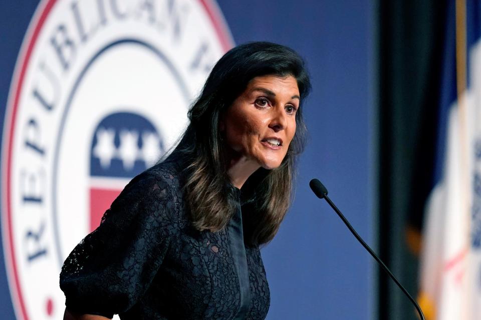 Former U.N. Ambassador and former South Carolina Gov. Nikki Haley speaks during the Iowa Republican Party's Lincoln Dinner, on June 24, 2021, in West Des Moines, Iowa.