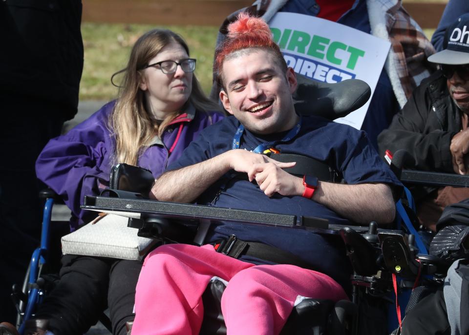 Alirio Magana, Jawonio assistant receptionist, attends a rally for wage increases for Direct Service Professionals, or DSPs, the workers who help in group homes and day hab programs March 7, 2024 at Kirkbride Hall in Stony Point.