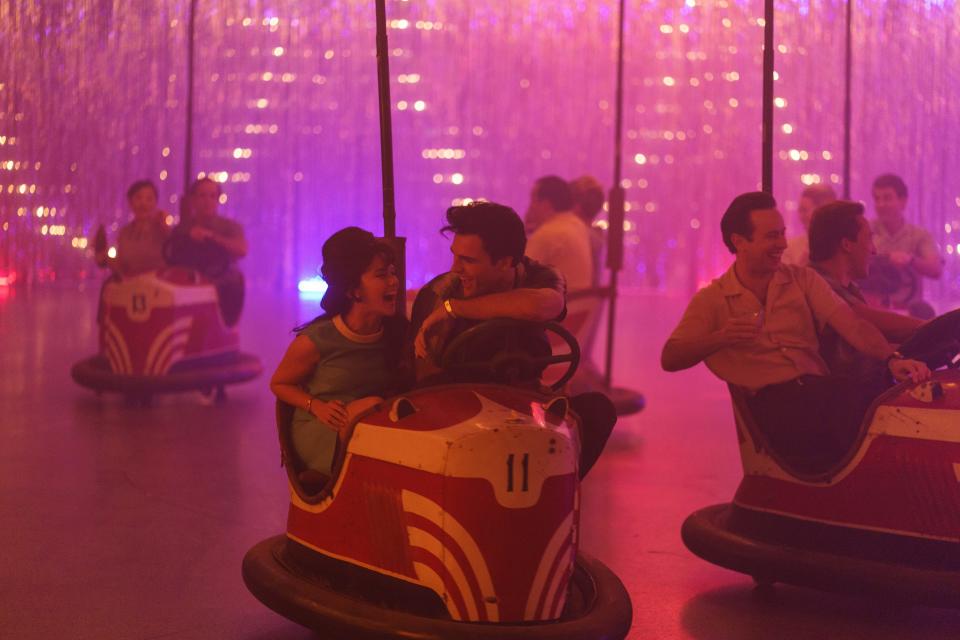 Priscilla (Cailee Spaeny) and Elvis (Jacob Elordi) have fun on a bumper-car date in "Priscilla."