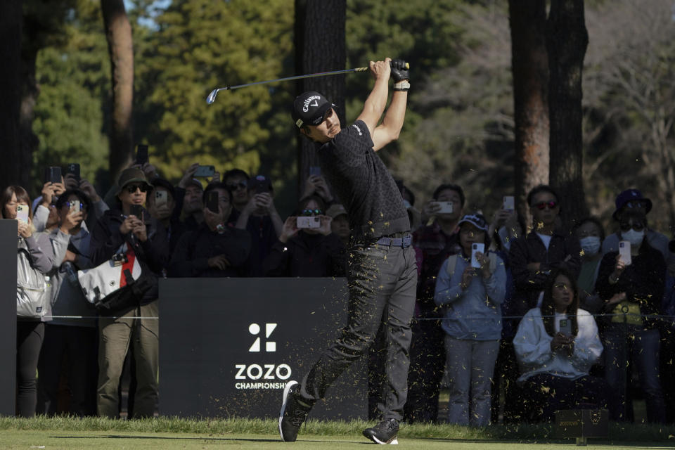 Ryo Ishikawa of Japan hits his tee shot on the second hole in the final round of the PGA Tour Zozo Championship at the Narashino Country Club in Inzai on the outskirts of Tokyo, Sunday, Oct. 22, 2023. (AP Photo/Tomohiro Ohsumi)