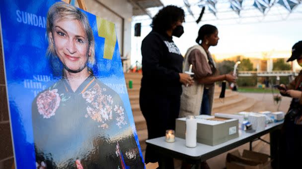 PHOTO: An image of cinematographer Halyna Hutchins, who died after being shot by Alec Baldwin on the set of his movie 'Rust', is displayed at a vigil in her honor in Albuquerque, N.M., Oct. 23, 2021. (Kevin Mohatt/Reuters, FILE)