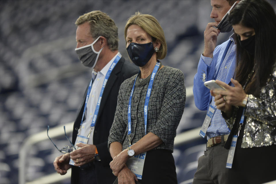 FILE - In this Sept. 13, 2020, file photo, Sheila Ford Hamp, Detroit Lions principal owner and chairman, watches during the first half of the team's NFL football game against the Detroit Lions in Detroit. It took Hamp about one second to respond when asked about the potential for women in key roles in the NFL. “The sky is the limit for anything females want to do,” said Hamp, who spoke at the league's fifth annual Women's Careers in Football Forum late last month. (AP Photo/Jose Juarez, File)