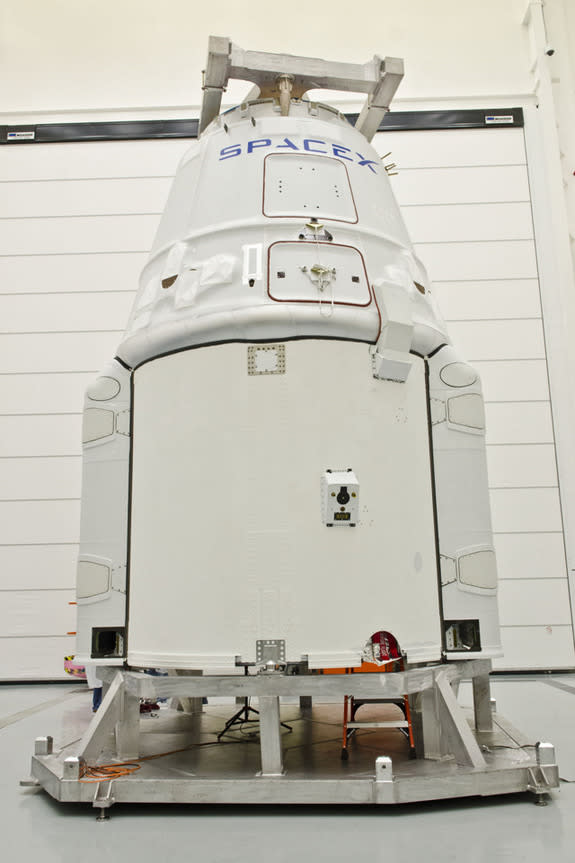 The private spaceflight company SpaceX prepares its unmanned Dragon cargo ship to launch to the International Space Station on its third official supply delivery mission for NASA.