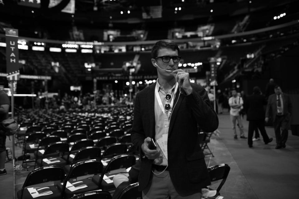 <p>Yahoo News senior political correspondent Jon Ward on convention floor. (Photo: Khue Bui for Yahoo News)</p>