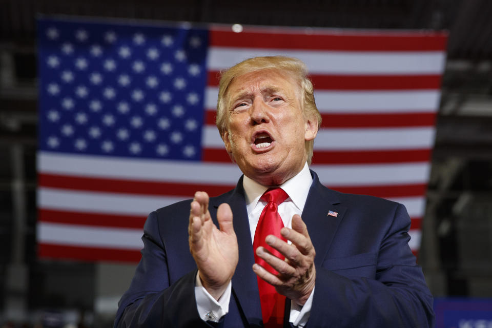 President Donald Trump arrives at a campaign rally at Williams Arena in Greenville, N.C., Wednesday, July 17, 2019. (AP Photo/Carolyn Kaster)