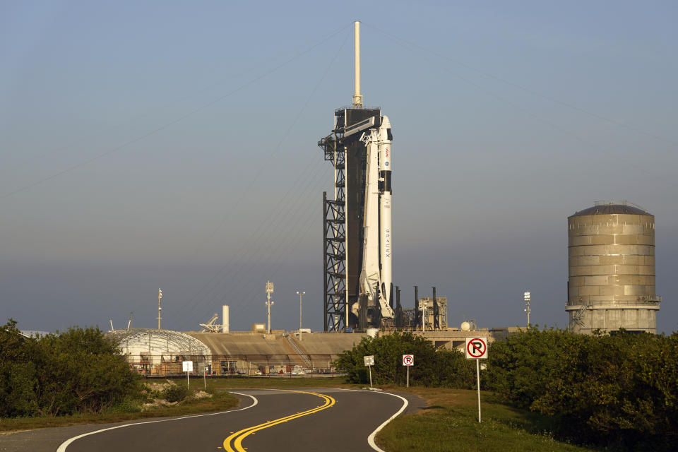 A SpaceX Falcon 9 rocket with the crew capsule Endeavour stands ready on pad 39A at the Kennedy Space Center in Cape Canaveral, Fla., Wednesday, March 1, 2023. The launch is scheduled for early Thursday morning. (AP Photo/John Raoux)